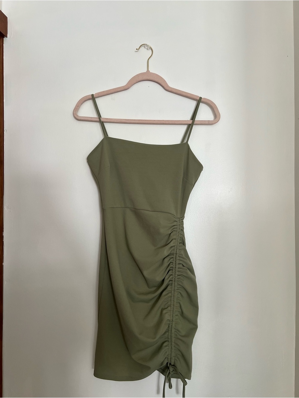 Windsor Olive Green Ruched Spaghetti Strap Mini Dress